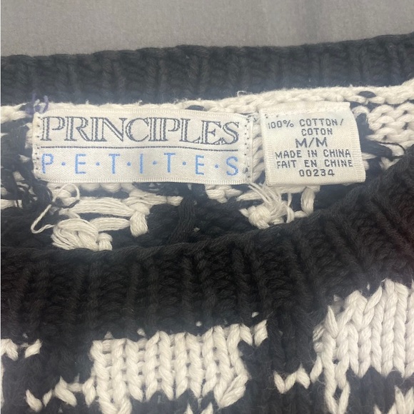 Vintage 80s Principles Petite Cotton Sweater Black & White Floral Medium - Picture 2 of 16